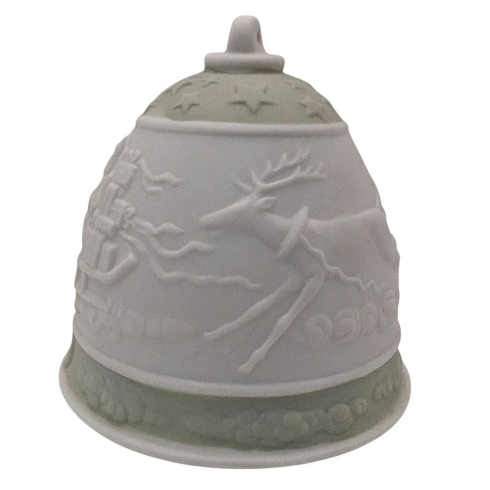 Vintage Lladro Christmas Bell Ornament 1988 Green Santas‎ Sleigh Porcelain Spain